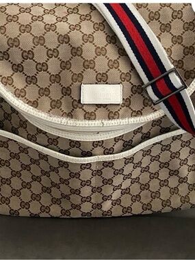 Kids Beige Monogram Crossbody Bag with Navy-Red Strap